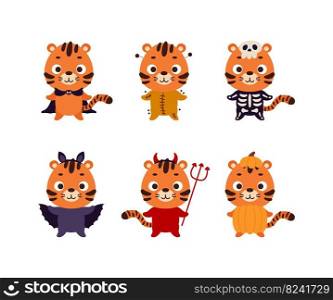 Cute Halloween tiger set. Cartoon animal character collection for kids t-shirts, nursery decoration, baby shower, greeting card, invitation. Vector stock illustration