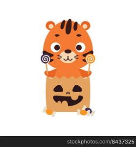 Cute Halloween tiger sitting in a trick or treat bag with candy. Cartoon animal character for kids t-shirts, nursery decoration, baby shower, greeting card, invitation. Vector stock illustration