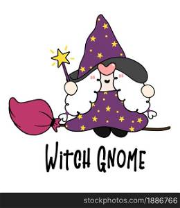 Cute Halloween Witch Gnome on flying broomstick, cartoon character doodle hand drawn outline