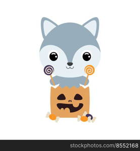 Cute Halloween wolf sitting in a trick or treat bag with candies. Cartoon animal character for kids t-shirts, nursery decoration, baby shower, greeting card, invitation. Vector stock illustration