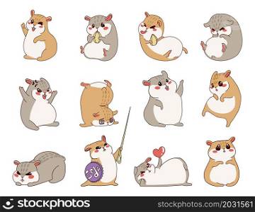 Cute hamster. Cartoon pet character with funny smile face. Mouse standing and running. Isolated funny animal sitting front view. Little domestic rodent gestures and poses. Vector chipmunk mascots set. Cute hamster. Cartoon pet character with funny smile face. Mouse standing and running. Funny animal sitting front view. Little domestic rodent gestures and poses. Vector chipmunks set