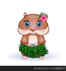Cute hamster dancer hula, hawaii, summer concept, hamster cartoon characters, funny animal character.. Cute hamster dancer hula, hawaii, summer concept, hamster cartoon characters, funny animal character