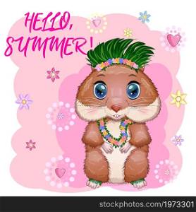 Cute hamster dancer hula, hawaii, summer concept, hamster cartoon characters, funny animal character.. Cute hamster dancer hula, hawaii, summer concept, hamster cartoon characters, funny animal character