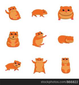 Cute hamster icon set. Cartoon set of 9 cute hamster vector icons for web design isolated on white background. Cute hamster icon set, cartoon style