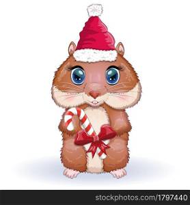 Cute hamster in santa claus hat with candy cane, christmas isolated. Greeting christmas card with funny hamster character