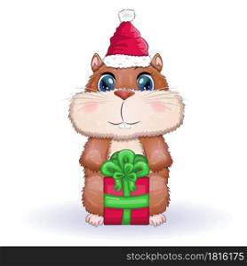 Cute hamster in santa claus hat with gift, christmas isolated. Greeting christmas card with funny hamster character