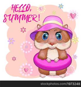 Cute hamster in swimming circle and hat, summer concept, hamster cartoon characters, funny animal character. Cute hamster in swimming circle and hat, summer concept, hamster cartoon characters, funny animal
