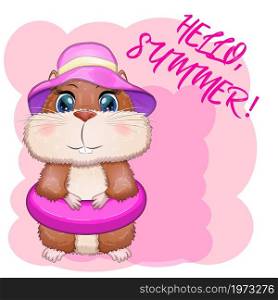 Cute hamster in swimming circle and hat, summer concept, hamster cartoon characters, funny animal character. Cute hamster in swimming circle and hat, summer concept, hamster cartoon characters, funny animal
