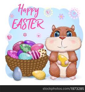 Cute hamster with easter egg, hamster cartoon characters, funny animal character, Easter concept, postcard. Cute hamster with easter egg, hamster cartoon characters, funny animal character, Easter concept