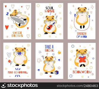 Cute hamsters cards. Funny fluffy animal character, different actions posters with text, happy rodent mascot, little pet, sleeping, eating, reading book, playing guitar and jumping, vector cartoon set. Cute hamsters cards. Funny fluffy animal character, different actions posters with text, happy rodent mascot, little pet, sleeping, eating, reading book, playing guitar vector cartoon set
