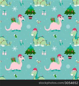 Cute hand drawing dino merry Christmas and happy new year seamless pattern design