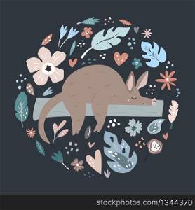 Cute hand drawn aardvark character with decorative floral elements. Travel greeting card, print for t-shirts. Cute hand drawn aardvark character with decoration