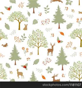 Cute hand drawn animal wildlife in the forest seamless pattern,Christmas or fall background for decorative,apparel,fashion,fabric,textile,print or wrapping paper,vector illustration