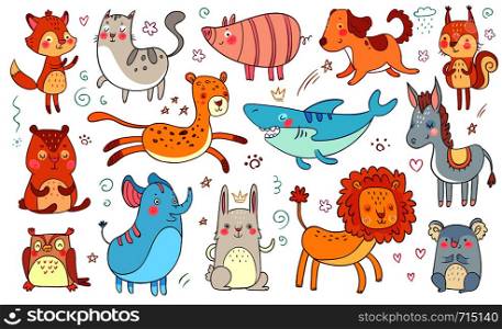 Cute hand drawn animals. Friendship animal funny doodle cat, decorative adorable fox and baby bear. Rainforest, jungle and pets animals. Isolated vector illustration icons set. Cute hand drawn animals. Friendship animal funny doodle cat, decorative adorable fox and baby bear isolated vector illustration set