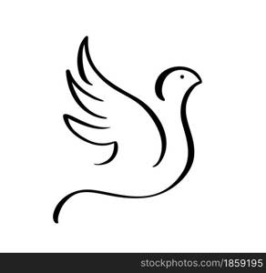 Cute Hand Drawn calligraphy dove for design. Flying pigeon logo. bird brush line. Black and white vector illustration. Concept for icon card, banner poster, flyer.. Cute Hand Drawn calligraphy dove for design. Flying pigeon logo. bird brush line. Black and white vector illustration. Concept for icon card, banner poster, flyer