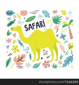 Cute hand drawn camel character with decorative floral elements. Travel greeting card, print for t-shirts. Cute hand drawn camel character with decoration