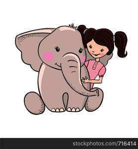 Cute hand drawn cartoon elephant with girl isolated on white background. Friendship concept. Design element for baby shower greeting cards, t-shirt print and etc. Vector illustration.. Cute hand drawn elephant with girl.