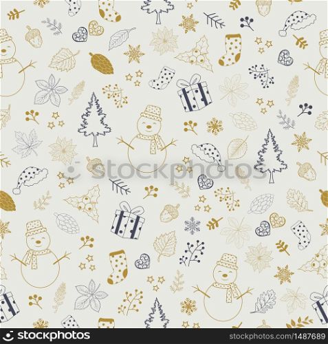 Cute hand drawn cartoon seamless pattern with snowman,gift box,socks and trees for Christmas holiday,wrapping paper,baby clothes or wallpaper,vector illustration