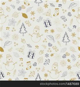 Cute hand drawn cartoon seamless pattern with snowman,gift box,socks and trees for Christmas holiday,wrapping paper,baby clothes or wallpaper,vector illustration