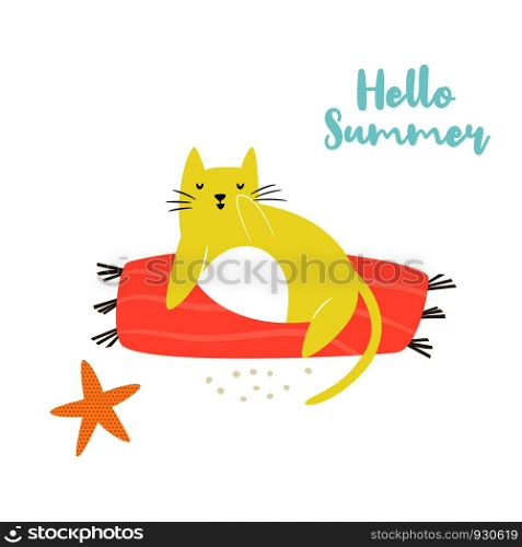 Cute hand drawn cat on a beach. Summer time. Isolated scandinavian cartoon illustration.. Cute hand drawn cat on a beach. Character design