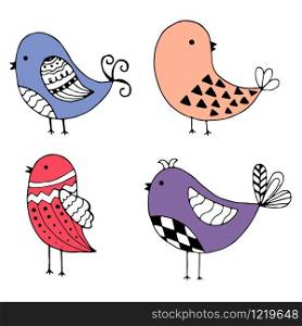 Cute hand drawn collection of birds doodle design isolated on white.
