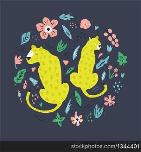 Cute hand drawn couple of leopards with decoration. Travel greeting card, print for t-shirts. Cute hand drawn couple of leopards with decoration