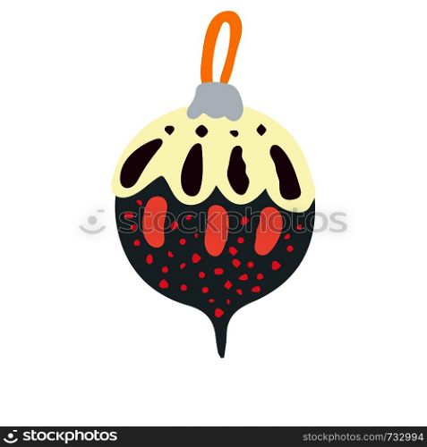 Cute hand drawn dark grey ball with white and coral decor Christmas tree toys color illustration. Isolated on white background. Hand drawn clipart. Flat style illustration. Greeting card, poster, design element. . Cute hand drawn dark grey ball with white and coral decor