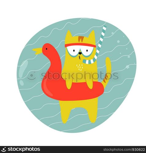 Cute hand drawn diver cat swimming in a pool. Summer time. Isolated scandinavian cartoon illustration.. Cute hand drawn diver cat. Character design