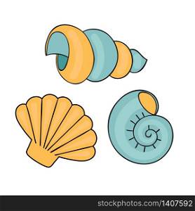 Cute hand-drawn doodle seashells. Marine elements for decor, children&rsquo;s books and websites. Vector illustration isolated on white background.