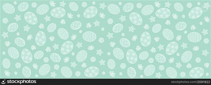 Cute hand drawn easter horizontal pattern with flowers, butterflies, easter eggs, beautiful background, great for easter cards, banner, wallpaper - vector design.. Cute hand drawn easter horizontal pattern - vector design.