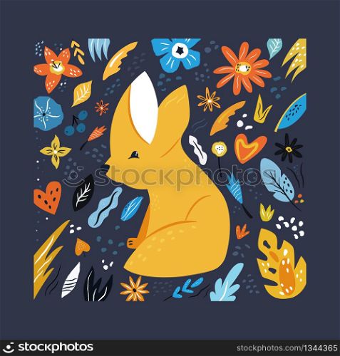 Cute hand drawn fennec fox character with decorative floral elements. Travel greeting card, print for t-shirts. Cute hand drawn fennec fox character with decoration
