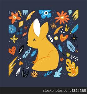 Cute hand drawn fennec fox character with decorative floral elements. Travel greeting card, print for t-shirts. Cute hand drawn fennec fox character with decoration