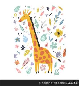 Cute hand drawn giraffe character with decorative floral elements. Travel greeting card, print for t-shirts. Cute hand drawn giraffe character with decoration