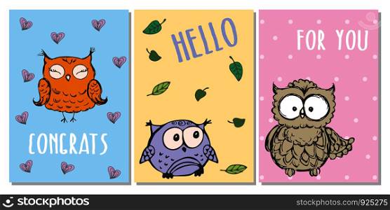 Cute hand drawn greeting cards with owls,adorable wild bird,vector illustration. Cute hand drawn greeting cards with owls