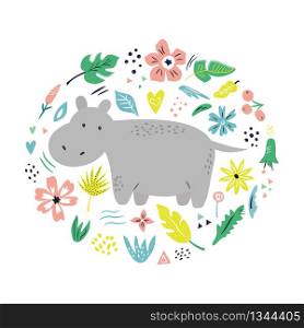 Cute hand drawn hippo character with decorative floral elements. Travel greeting card, print for t-shirts. Cute hand drawn hippo character with decoration