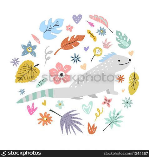 Cute hand drawn iguana character with decorative floral elements. Travel greeting card, print for t-shirts. Cute hand drawn iguana character with decoration