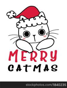 Cute hand drawn kitten cat with red Christmas Santa hat, Merry Catmas, childlike cartoon drawing flat vector