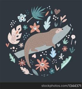 Cute hand drawn pangolin character with decorative floral elements. Travel greeting card, print for t-shirts. Cute hand drawn pangolin character with decoration