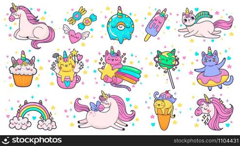 Cute hand drawn patches. Magic fairytale pony unicorn, fabulous cat and sweet candy stickers. Ice cream patch sticker or kitty doodle badges. Cartoon isolated vector illustration symbols set. Cute hand drawn patches. Magic fairytale pony unicorn, fabulous cat and sweet candy stickers cartoon vector illustration set