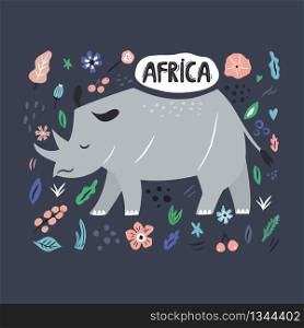 Cute hand drawn rhino character with decorative floral elements. Travel greeting card, print for t-shirts. Cute hand drawn rhino character with decoration