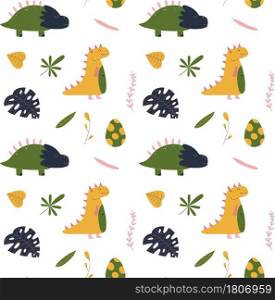 Cute hand drawn seamless pattern with dinosaur, tropical leaf, dino egg. Colorful design for kid fabric, textile, nursery. Childish vector decorative print.. Cute hand drawn seamless pattern with dinosaur, tropical leaf, dino egg.