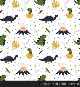 Cute hand drawn seamless pattern with dinosaur, tropical leaf, volcano and baby dino in egg. Colorful design for kid fabric, textile, nursery. Childish vector decorative print.. Cute hand drawn seamless pattern with dinosaur, tropical leaf, volcano and baby dino in egg.