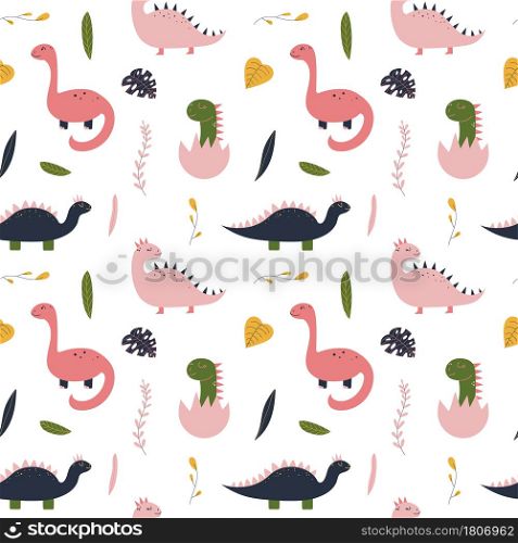Cute hand drawn seamless pattern with girl pink dinosaur, baby dino in egg. Colorful design for kid fabric, textile, nursery. Childish vector decorative print.. Cute hand drawn seamless pattern with girl pink dinosaur, baby dino in egg.
