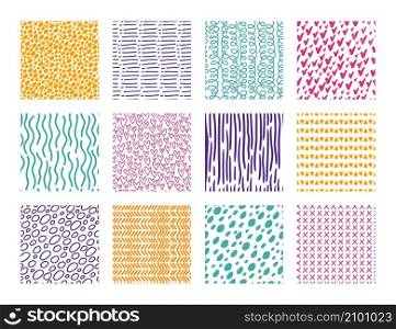 Cute hand drawn seamless pattern with scribbles, waves or lines. Trendy abstract patterns with doodle elements, fabric print vector texture set. Colorful minimalistic elements collection. Cute hand drawn seamless pattern with scribbles, waves or lines. Trendy abstract patterns with doodle elements, fabric print vector texture set
