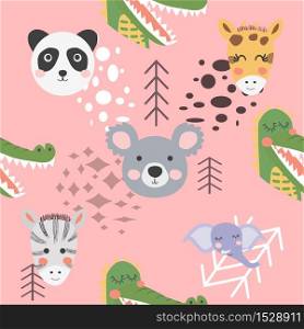 Cute hand drawn seamless pattern with wild animals in scandinavian style.. Cute hand drawn nursery seamless pattern with wild animals in scandinavian style
