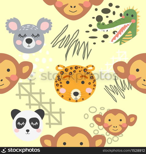 Cute hand drawn seamless pattern with wild animals in scandinavian style.. Cute hand drawn nursery seamless pattern with wild animals in scandinavian style