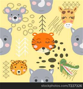 Cute hand drawn seamless pattern with wild animals in scandinavian style.. Cute hand drawn nursery seamless pattern with wild animals in scandinavian style