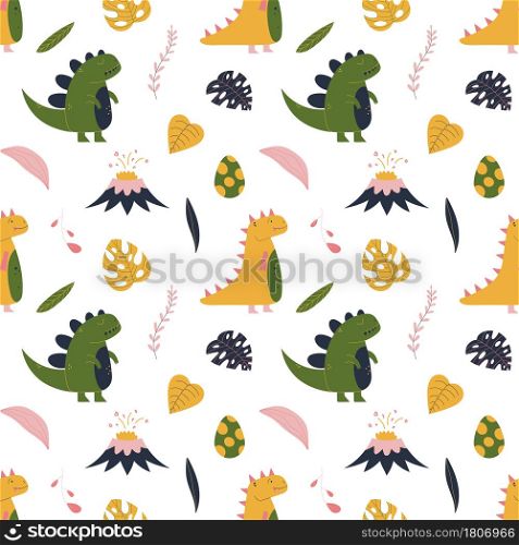 Cute hand drawn seamless pattern with yellow and green dinosaur, tropical leaf, volcano and dino egg. Colorful design for kid fabric, textile, nursery. Childish vector decorative print.. Cute hand drawn seamless pattern with yellow and green dinosaur, tropical leaf, volcano and dino egg.
