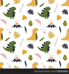Cute hand drawn seamless pattern with yellow and green dinosaur, tropical leaf, volcano and dino egg. Colorful design for kid fabric, textile, nursery. Childish vector decorative print.. Cute hand drawn seamless pattern with yellow and green dinosaur, tropical leaf, volcano and dino egg.