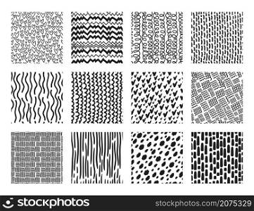 Cute hand drawn seamless patterns with dots, waves, scribbles. Abstract print or fabric pattern, hearts or lines doodles vector texture set. Simple monochrome swirls and stripes for textile. Cute hand drawn seamless patterns with dots, waves, scribbles. Abstract print or fabric pattern, hearts or lines doodles vector texture set